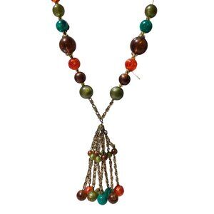 Vintage Beaded Tassel Pendant Necklace Gold Tone Chains Fashion Jewelry Women
